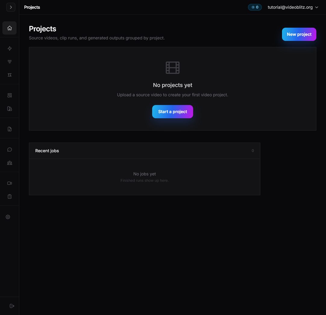Videoblitz dashboard showing the account menu entry in the top-right corner