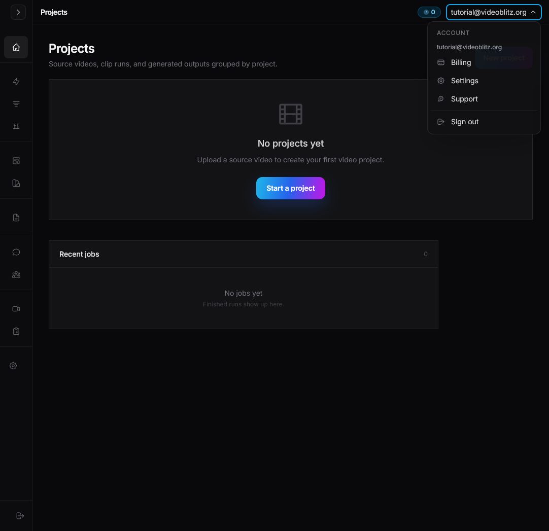 Videoblitz dashboard with the account menu open and the Settings link visible