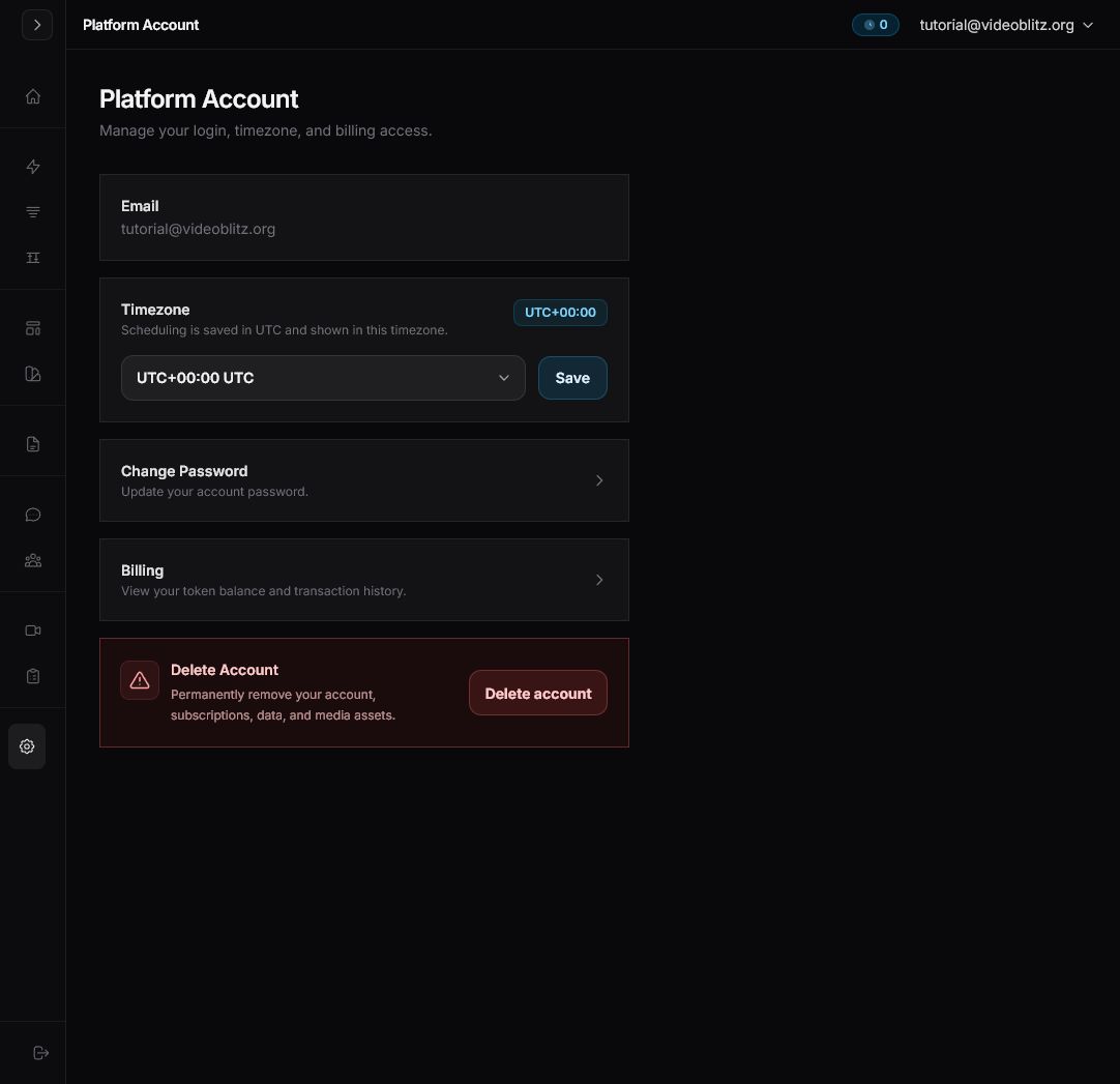 Videoblitz Platform Account settings page showing the Delete Account section and Delete account button