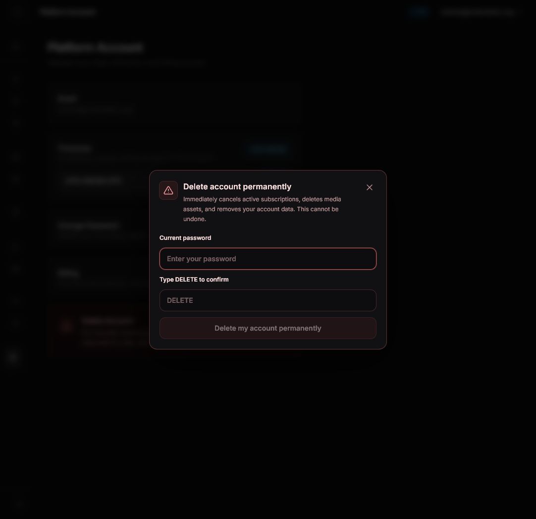 Videoblitz delete account dialog with password and DELETE confirmation fields