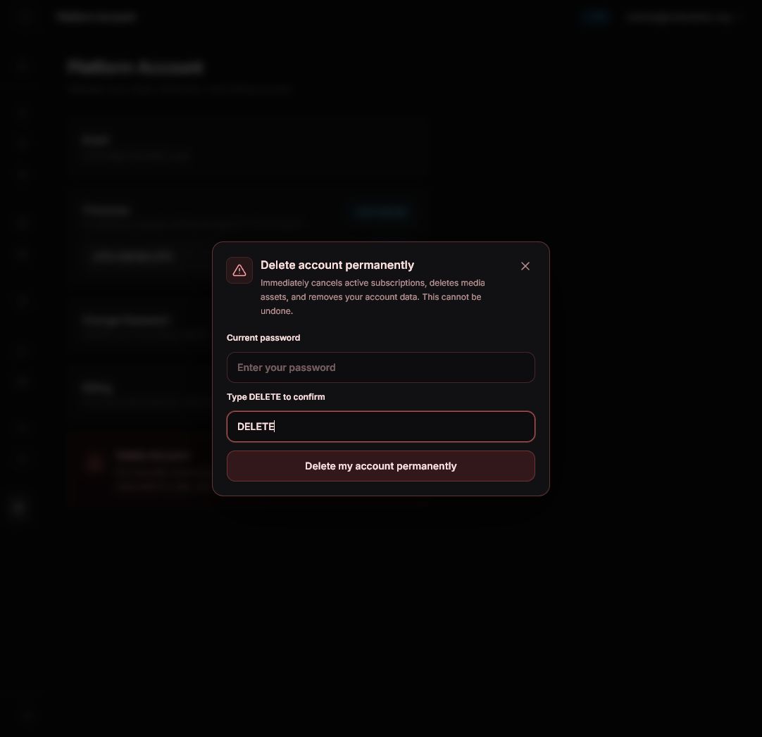 Videoblitz delete account dialog after typing DELETE with the permanent delete button enabled