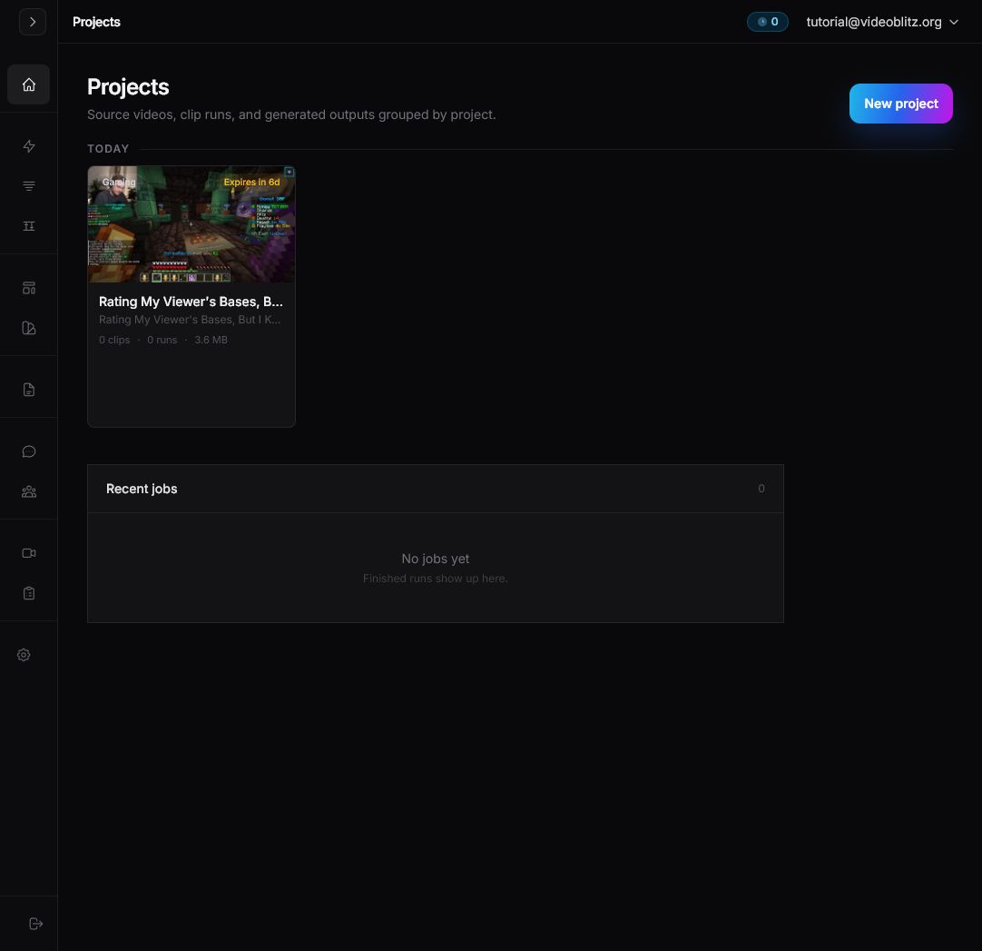 Videoblitz Projects dashboard with the New project button