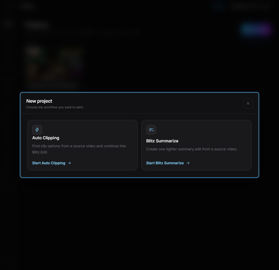 Videoblitz New project dialog with Auto Clipping and Blitz Summarize workflow choices