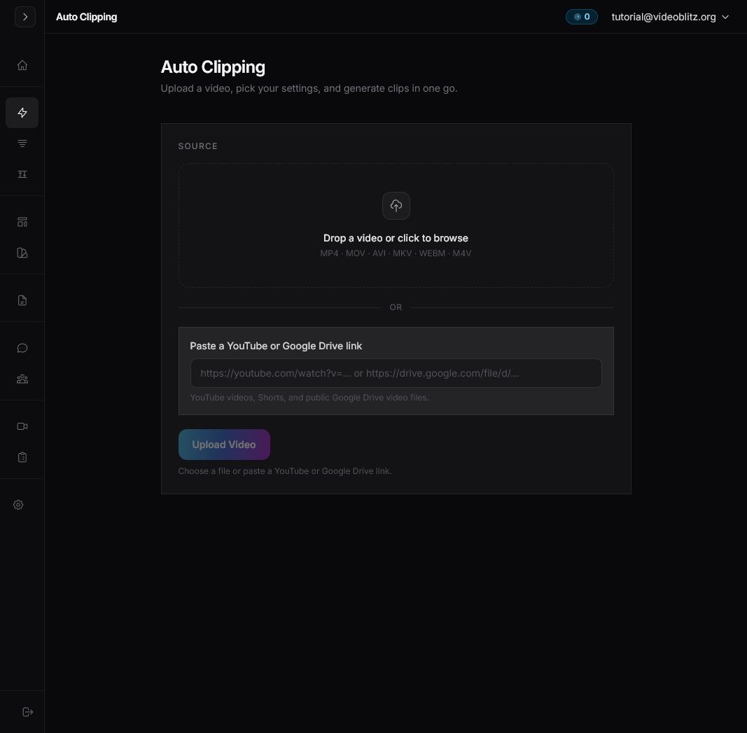 Videoblitz Auto Clipping page showing the source upload area and remote video link field