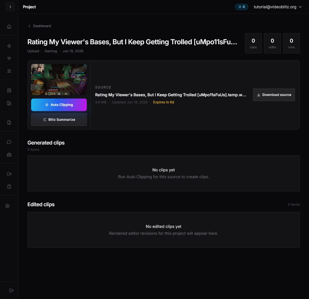 Videoblitz project page showing the source video panel with the Auto Clipping button