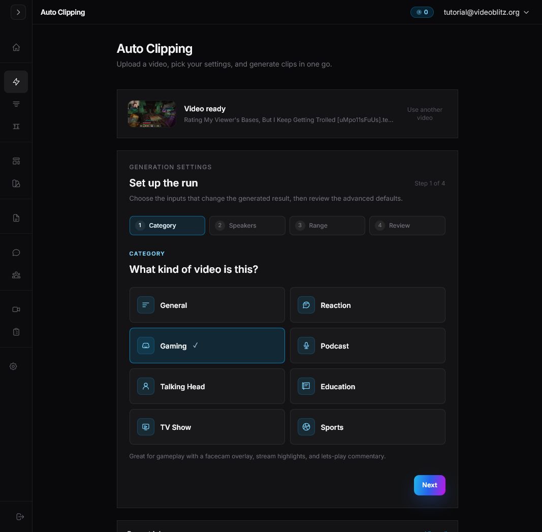 Videoblitz Auto Clipping setup showing the selected source video and the category step