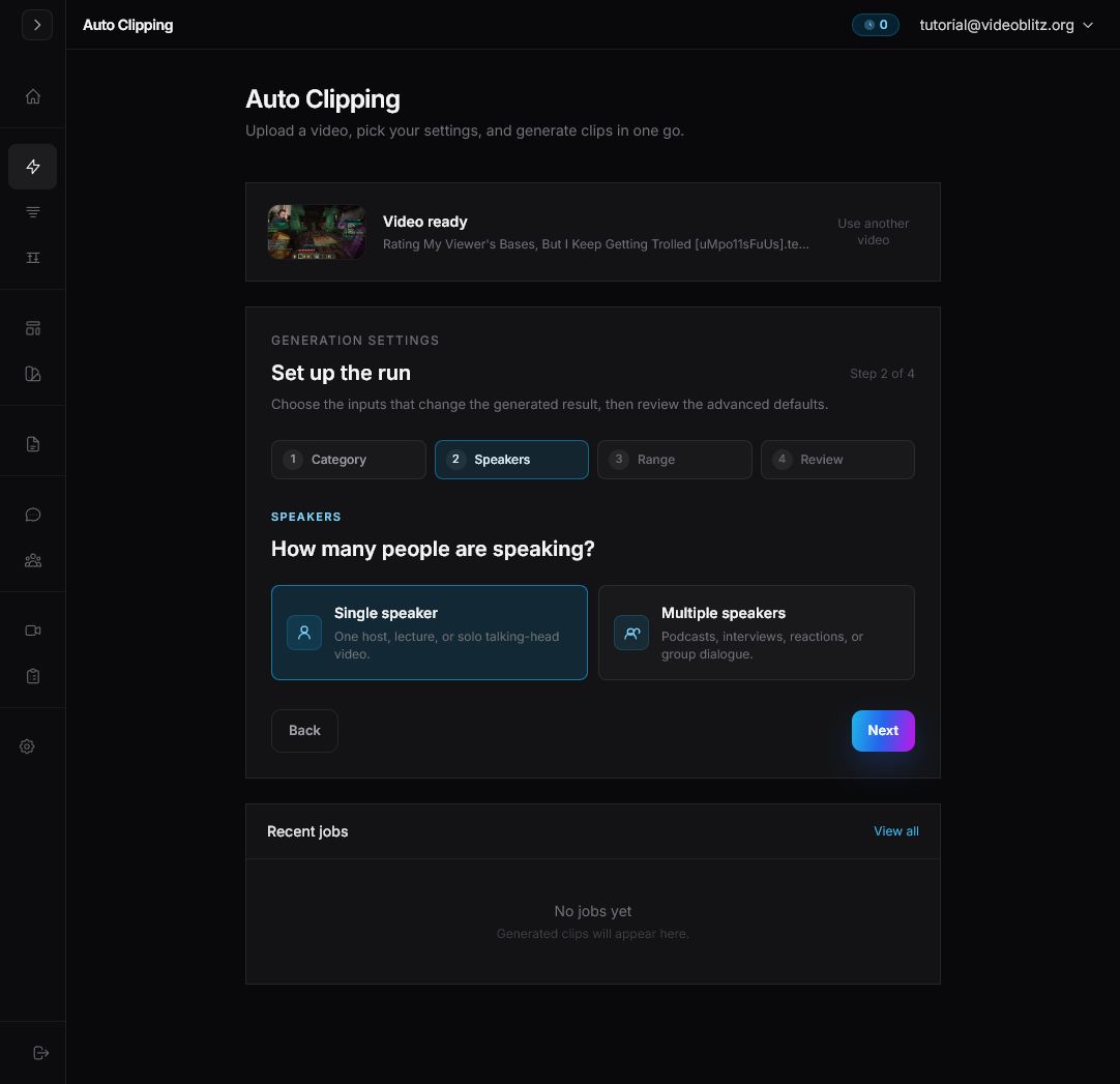Videoblitz Auto Clipping setup showing the Speakers step with single speaker and multiple speakers choices