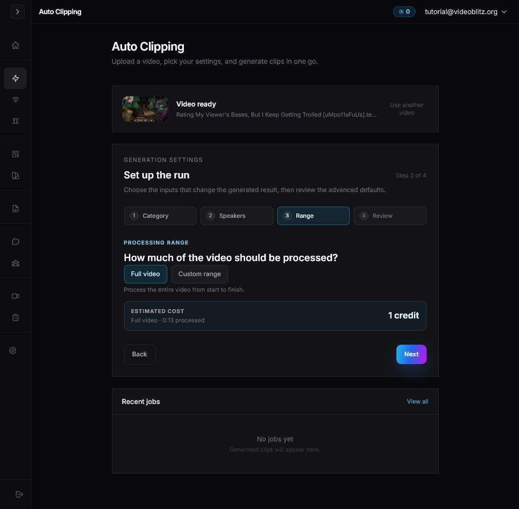 Videoblitz Auto Clipping setup showing the Range step with full video selected and estimated cost