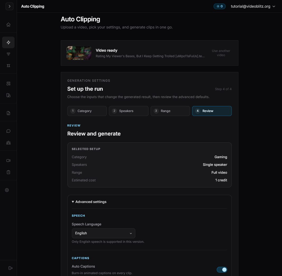 Videoblitz Auto Clipping review step showing the selected setup and advanced settings