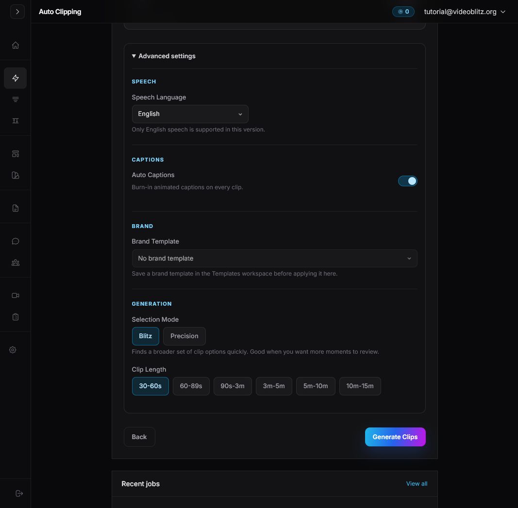 Videoblitz Auto Clipping advanced settings area showing the Generate Clips button