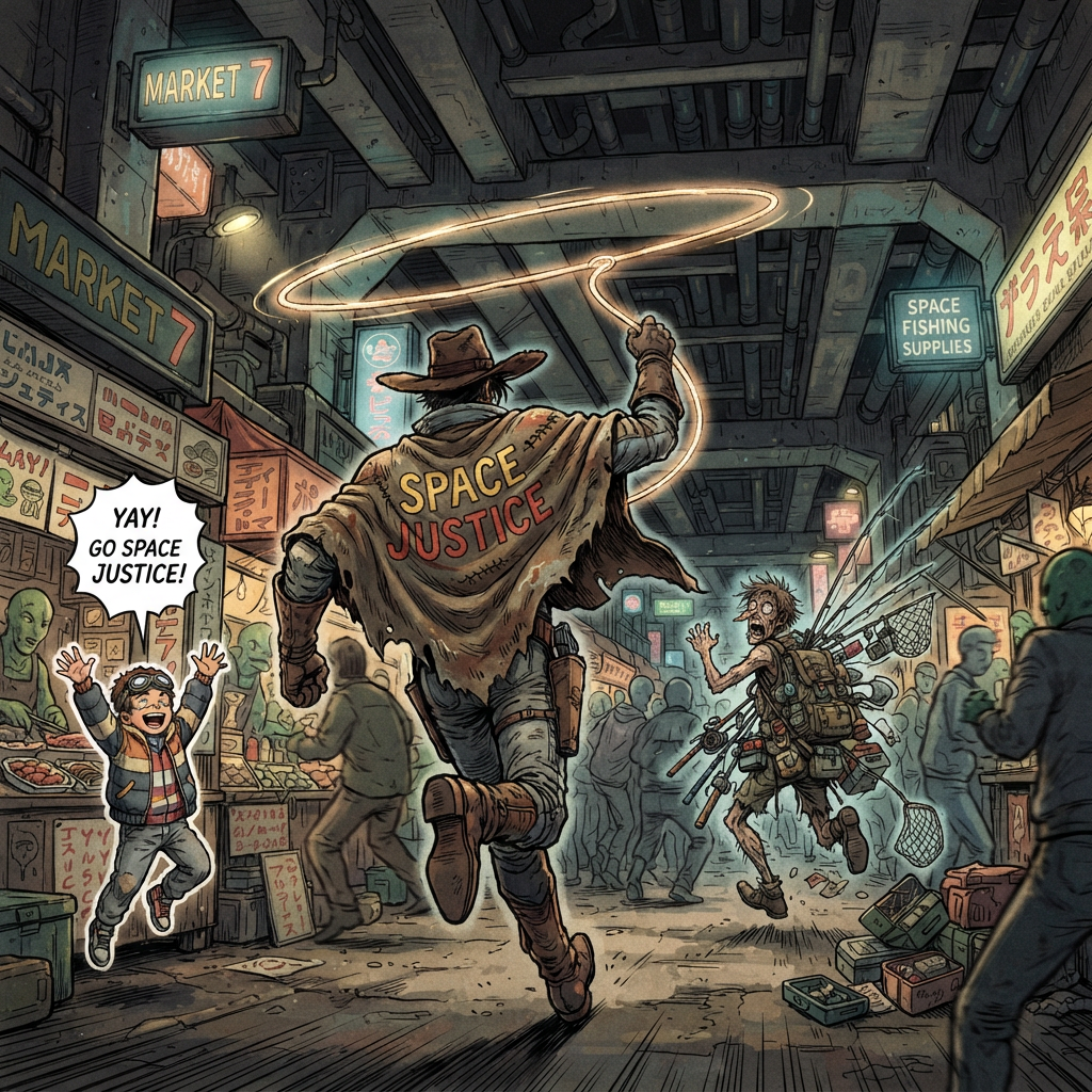 Comic-book Nano Banana still of a caped hero running through a neon-lit futuristic market