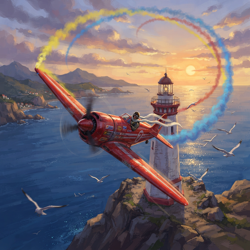 Painterly Nano Banana still of a red stunt plane looping coloured smoke past a coastal lighthouse at sunset