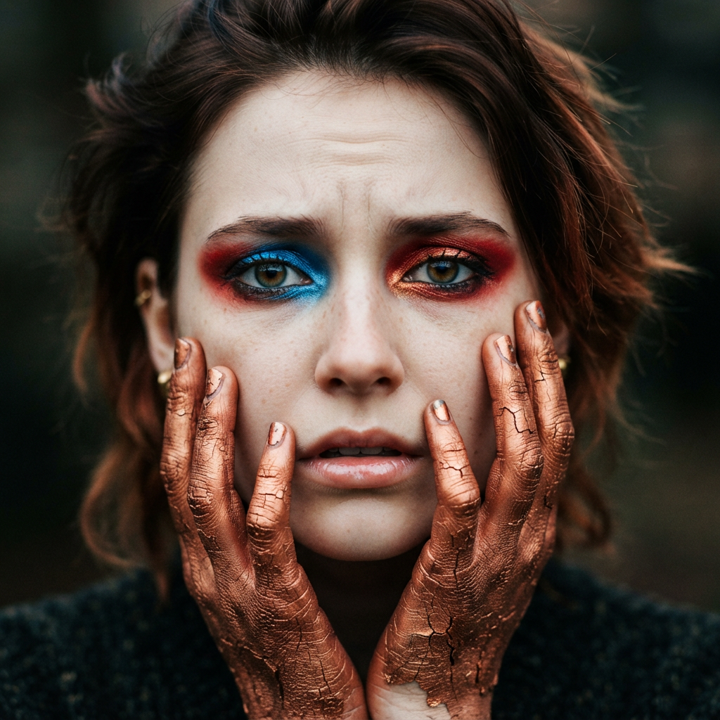 Photorealistic Nano Banana portrait of a woman with red and blue eye makeup and bronze-painted hands framing her face
