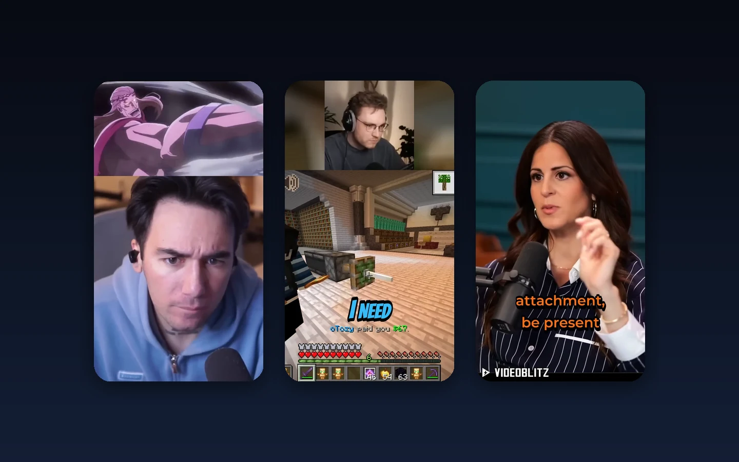 Videoblitz supported video categories for AI clipping, including reaction, gaming, podcast, and TV clips