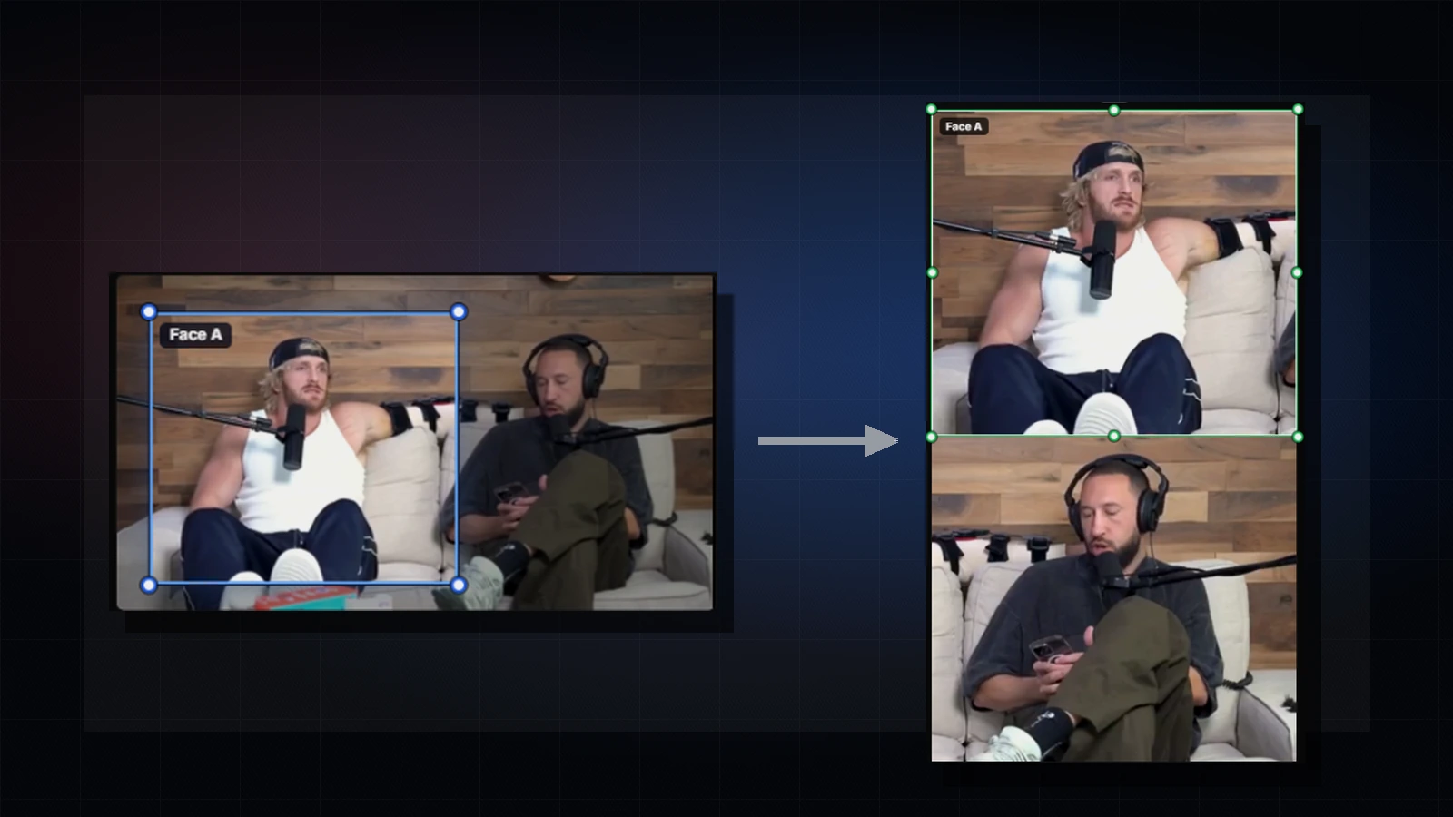 Videoblitz automatic layout preview converting landscape source footage into vertical clips