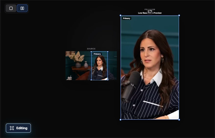 Videoblitz auto reframing preview showing a face-centered vertical crop from landscape footage