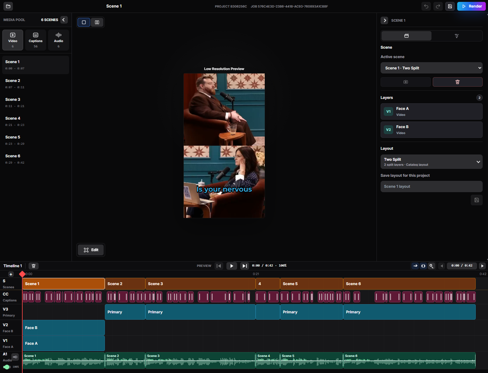 Blitz Edit editor preview with crop, caption, layout, and render controls