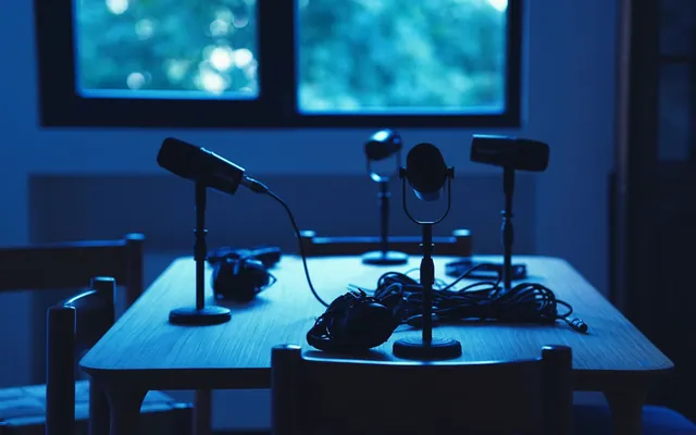 A dimly lit podcast studio with microphones and headphones on a table.